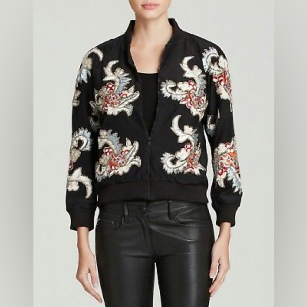 Alice + Olivia Felisa Satin Floral Embellished Floral Bomber Jacket Size Small